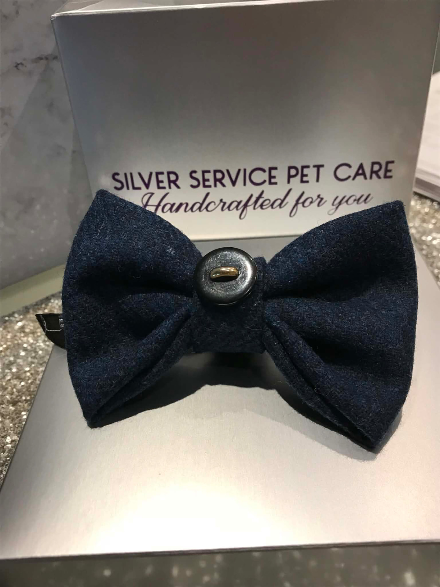 Navy tweed dog bow tie with button detail