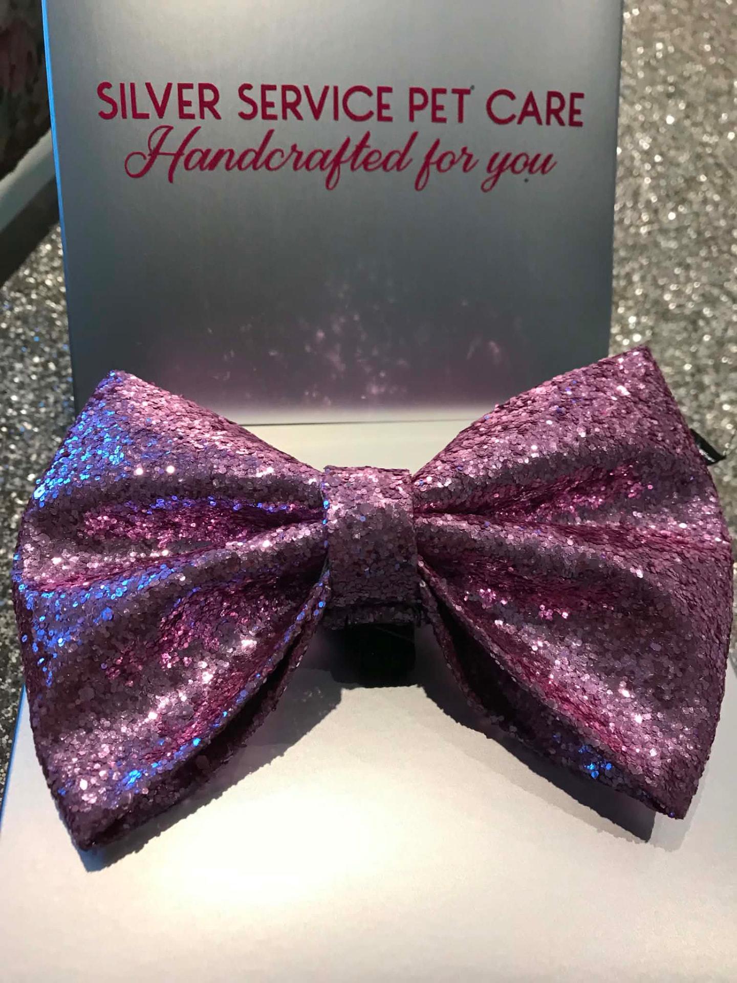 Purple sparkle dog bow tie in gift box