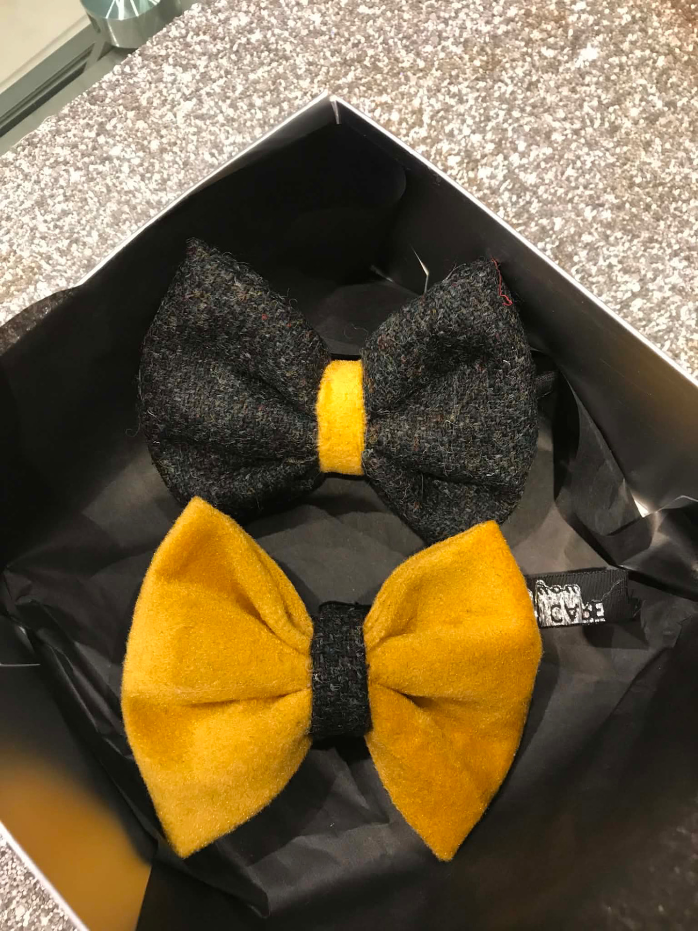 Charcoal tweed and mustard dog bow ties in a gift box